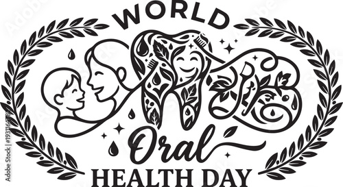 World Oral Health Day illustration with ornate tooth floral patterns child adult profiles laurel branches awareness celebration vector design