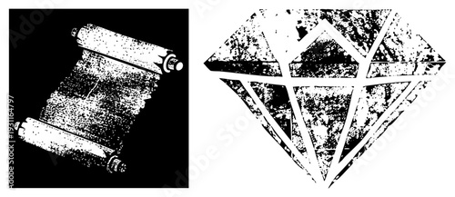 Ancient parchment scroll with rolled edges and diamond gemstone, both rendered in gritty halftone texture, isolated vector graphics for design use.