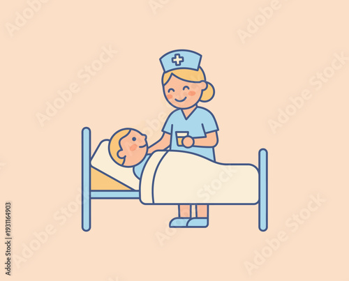 Nurse Visiting Patient in Hospital Bed.