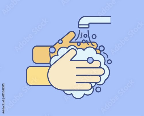 Hand washing with soap under running water hygiene illustration.