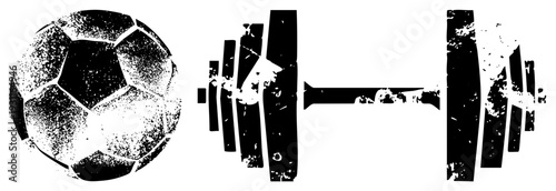 Distressed soccer ball and weightlifting dumbbell, athletic symbols with textured wear, sport fitness, gym equipment, vector graphic.