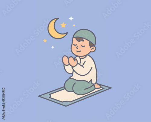 Serene Muslim boy praying under the crescent moon on a prayer mat.