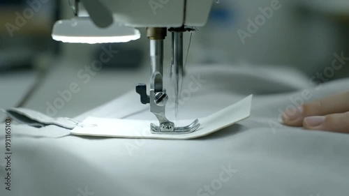 sewing machine stitching white fabric.