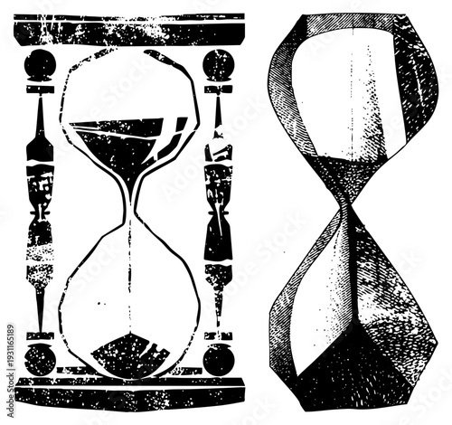 Classic hourglass measuring time, sand timer, antique clock, vintage graphic, illustration, retro design, time measurement device.