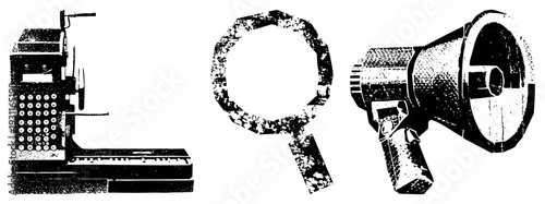 Classic cash register with keys, magnifying glass with textured border, megaphone with grille, all in halftone vector style, isolated foreground elements.