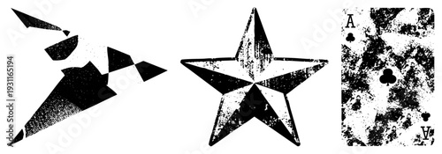 Weathered Ace of Clubs card with speckled texture, five pointed star with distressed finish, abstract fragmented shapes in, vintage graphic elements.