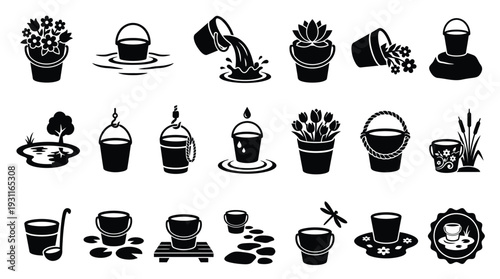 Collection of black and white vector icons depicting various scenes and uses of buckets, including water, flowers, and ponds.
