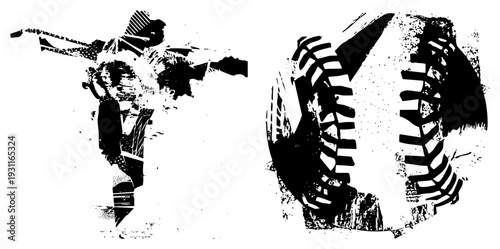 Pitcher in action pose, baseball with seams, black and white grunge texture, sports vector illustration, athletic movement, stylized graphic design.