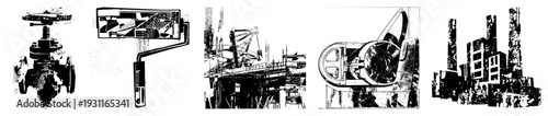 Black and white vector sketches of valves, paint rollers, bridges, fans, and factories technical art for engineering or urban design projects.
