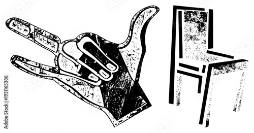 Shaka hand gesture symbolizing peace, Hawaiian culture, relaxed vibe, stylized graphic, bold black, distressed texture, symbol.