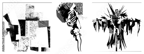 Dynamic vector composition of fragmented shapes, halftone textures, and angular geometry, minimalist art, graphic abstraction, digital illustration, bold contrast.