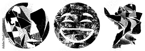 Three fragmented circular faces with halftone textures and bold graphic, pop, abstract art in black/white, minimal, stylized emotion.