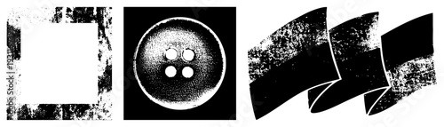 Grungy textured square frame, vintage button with four holes, wavy ribbon banner all isolated vector elements with halftone grain, ideal for retro design or UI accents.