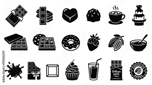 A collection of black and white icons representing various chocolate-themed food items and drinks, including bars, candies, cupcakes, and beverages.
