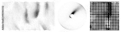 Vector halftone design with dot gradients, circular void, grid matrix, isolated graphic elements, black and white composition, stylized geometric forms.
