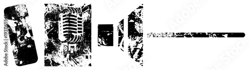 Retro recording device with ribbed grille, vintage microphone, analog studio gear, black and white halftone, distressed grunge texture.