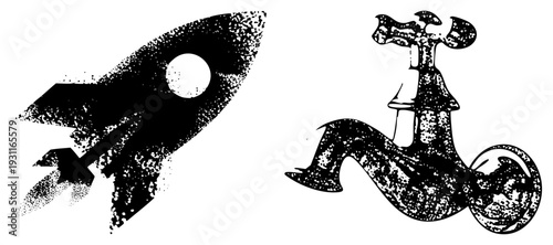 Retro ship with smoke trail and ornate weather vane, halftone texture, black and white vector, isolated foreground elements, vintage graphic design.