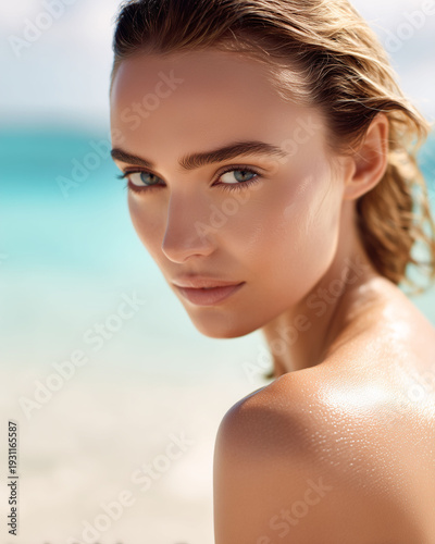Wallpaper Mural Closeup beauty portrait of woman on tropical beach natural light relaxed vibe serene environment Torontodigital.ca