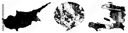 Distressed black silhouettes of Cyprus, abstract circular texture, fragmented island shapes, grunge map style, isolated vector elements.