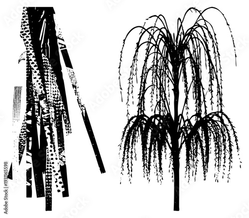 Black silhouette of willow tree with cascading branches, paired with abstract fabric strips featuring halftone and stipple, minimalist vector art.