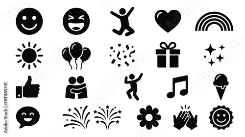 A collection of 20 black and white icons representing happiness, celebration, and positive emotions, including emojis, a heart, a rainbow, and festive elements.