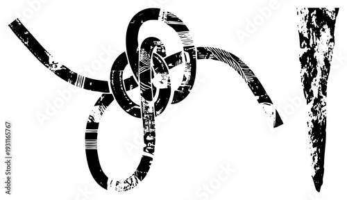 Stylized vector illustration featuring interlocking curved shapes with distressed texture, halftone like, graphic design element, modern art motif, abstract form.