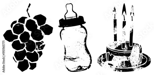 Graphic of grapes cluster, baby feeding bottle, and birthday cake with candles, all in high contrast vector art. Suitable for baby shower, celebration, or food related design.