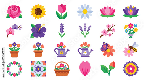 A vibrant collection of diverse floral illustrations, featuring various flowers, potted plants, watering cans, and insects, presented in a colorful grid.