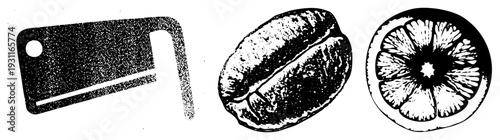 Classic halftone print of butcher cleaver, roasted coffee bean, citrus section,, food illustration, kitchen tools, graphic design element.