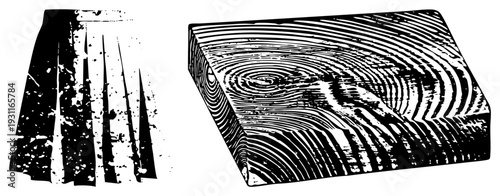 Black & white vector pleated skirt & wood block, halftone bold. Ideal for graphic design/print. Isolated elements.