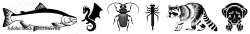 Vector art of six stylized animals salmon, dragon, beetle, insect, raccoon, monkey all in bold black with minimal shading, ideal for graphic design or branding.