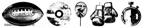 Sports equipment including football, racket, gloves, and stopwatch, halftone vector graphic, athletic gear symbols, isolated sports items, stylized athletic tools.