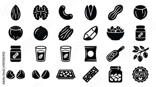 Collection of black and white icons representing various nuts, nut products, and related items, presented in a grid layout.