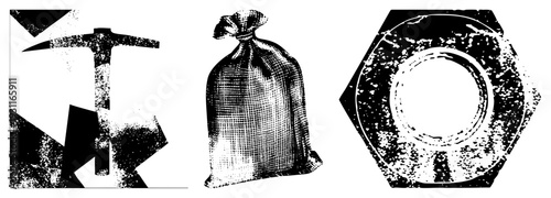 Black and white vector graphic of pickaxe, tied sack, hex nut, all with halftone and grain textures, industrial tools, rustic design elements.