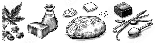 Sketch style botanicals and pantry staples including maple leaf, vanilla beans, spices, sugar, and nuts, rendered in art with for texture and depth.