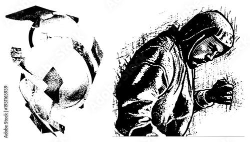 Abstract sphere with halftone shading and fragmented geometric facets, paired with a hooded figure in expressive drawing, vector art, isolated graphic elements.