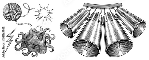 Hand drawn vector including yarn ball, chimes, lightning bolt, and curly hair, rendered in classic engraving style with hatching textures.