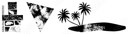 Black silhouette of palm trees on island, tropical getaway, beach scene, vacation destination, island paradise, vector graphic, stylized nature.