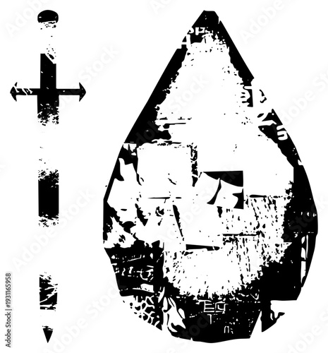 Black and white vector featuring a sword and shield emblem, distressed textures, stylized symbols, graphic design elements, punk or gothic aesthetic.