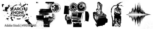 Search engine optimization symbol, film reel, classic movie camera, retro typewriter, fire safety extinguisher, waveform. Digital for marketing,, safety, and.
