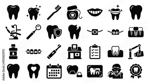 Collection of black and white icons representing various aspects of dental care, oral hygiene, and dentistry.