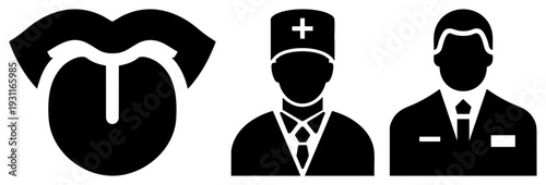 Black silhouette of doctor, nurse, and hotel staff, plus tongue symbol, flat design for UI, healthcare and service industry visuals.