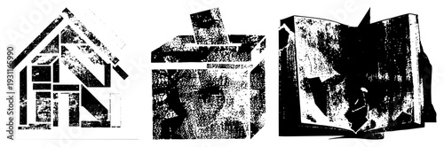 Stylized architectural forms rendered in halftone texture, vector with fragmented shapes, graphic design elements, minimalist composition.