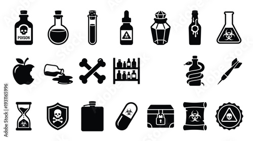 A collection of black and white icons representing various symbols of danger, poison, and hazardous materials, including bottles, skulls, and biohazard signs.
