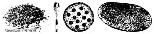 Graphic design featuring a pile of strawberries, a spoon with, pepperoni pizza, and textured potato each isolated in black and white halftone style.