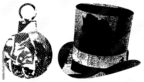 Classic pocket watch with chain and top hat rendered in halftone dots, vintage illustration, graphic, isolated elements, timeless elegance.