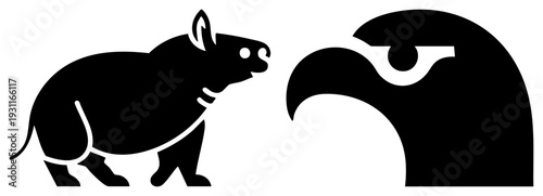 Black vector silhouette of rhino confronting hawk, minimalist animal, wildlife confrontation graphic, flat design animal art, symbolic predator prey visual.