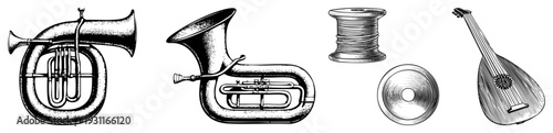 Antique horn, tuba, mandolin, spool, and disc rendered in halftone style, isolated vector graphics for design use.