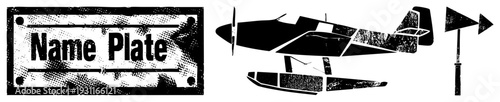 Retro style nameplate graphic, airplane floatplane, windsock marker, halftone texture, vector, isolated symbols, aviation signage.
