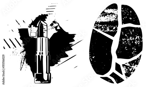 Stylized lipstick with dynamic splatter effects, paired with textured shoe print, vector art, high contrast, fashion and urban motif.